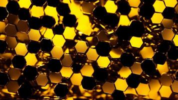 Luxury hexagonal abstract black metal background with golden light lines. photo