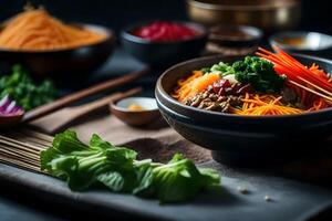 The camera is moving nearer to Bibimbap, a tasty and famous Korean dish Sometimes, it can be difficult to understand what is going on behind something AI Generated photo