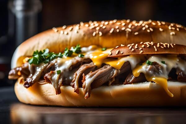 This is a clear image of a sandwich called Philly Cheesesteak The room has a very bright light at the rear