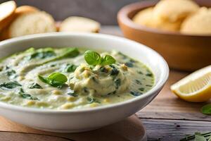 The picture shows a close up of a tasty dip made with spinach and artichoke There is a strong light shining in the background AI Generated photo