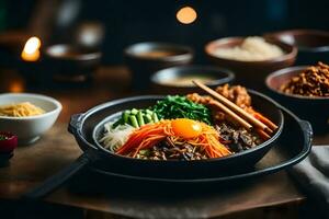 el cámara es enfocado en bibimbap, con un borroso antecedentes ai generado foto