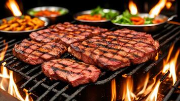 close up of meat on the grill and group of friends at background. photo
