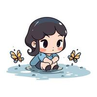 Little girl sitting on a puddle with butterflies. Vector illustration.