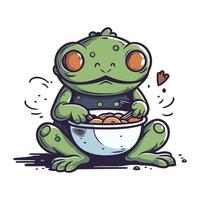 Frog with bowl of breakfast. Vector illustration isolated on white background.