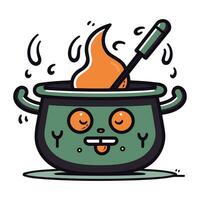 Cute cartoon cooking pot with fire. Vector illustration isolated on white background.