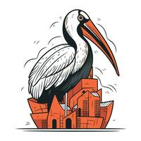 Pelican on the background of the city. Vector illustration.