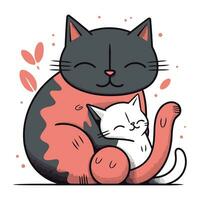 Cute cartoon cat sitting and hugging a cat. Vector illustration.