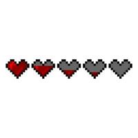 Set of 8 bit pixel style life level heart icons. 8 bit game life indicator vector