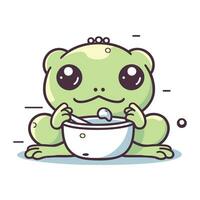 Cute cartoon frog with a bowl of milk. Vector illustration.