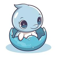 Cute blue cartoon baby sitting in the egg. Vector illustration.