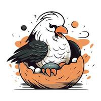 Vector illustration of a bald eagle sitting in a nest with eggs.