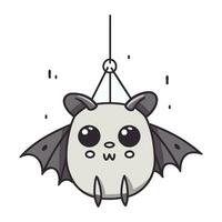 Cute cartoon bat hanging on a rope. Vector illustration isolated on white background.