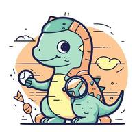 Cute cartoon dinosaur with a magnifying glass. Vector illustration.