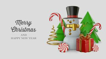 christmas card with 3d elements. christmas banner with snowman, christmas trees, gift box, peppermint candies and candy canes. christmas background with realistic objects vector