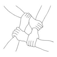 Friends or business partners joined hands together. teamwork, collaboration or friendship. template can be used for advertising, logo, web page. line style icon. isolated vector illustration.