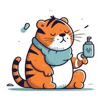 Cute cartoon tiger with a bottle of water. Vector illustration.