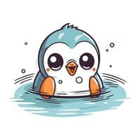 Cute cartoon penguin swimming in the water. Vector illustration.