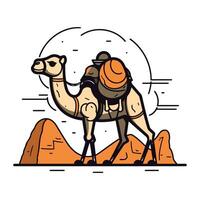 Camel in the desert. Vector illustration in line art style.