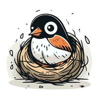 Bird in the nest. Hand drawn vector illustration in cartoon style.