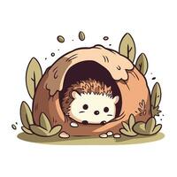 Cute hedgehog in the hole. Vector illustration on white background.