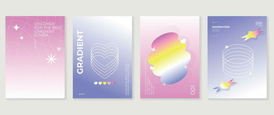 Gradient cover set. Cute gradient holographic background vector with vibrant colors, sparkle, star, border. Y2k trendy wallpaper design for social media, cards, banner, flyer, brochure.