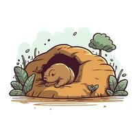 Hand drawn vector illustration of a cute little bear sleeping in a rock.