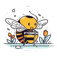 abeja con miel y tulipán. vector ilustración en plano estilo.