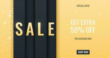 Horizontal sale banner. Web banner with black stripes on gold background with letters, text, glitter and confetti. Template design for holidays, Black Friday sale. Special Offer, shopping poster. vector