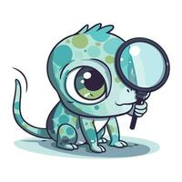 Cute little lizard with magnifying glass. Cartoon vector illustration.