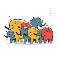 Vector illustration of group of elephants in flat line style. Cute cartoon animals.