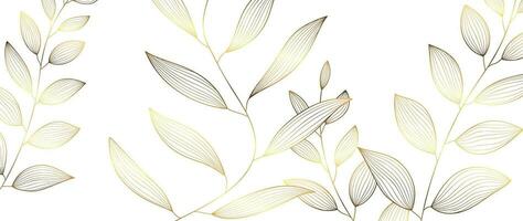 Botanical leaf line art wallpaper background vector. Luxury natural hand drawn foliage pattern design in minimalist linear contour simple style. Design for fabric, print, cover, banner, invitation. vector