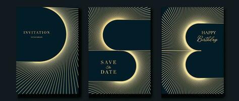 Luxury invitation card background vector. Golden curve elegant, gold line gradient on dark blue color background. Premium design illustration for gala card, grand opening, party invitation, wedding. vector