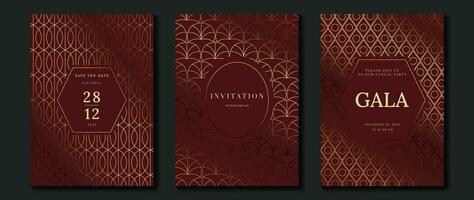 lujo invitación tarjeta antecedentes vector. dorado curva elegante, oro líneas degradado en rojo color antecedentes. prima diseño ilustración para gala tarjeta, grandioso apertura, fiesta invitación, boda. vector