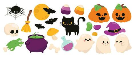 Happy Halloween day element background vector. Cute collection of spooky ghost, pumpkin, bat, candy, moon, skull, spider, cat, cauldron. Adorable halloween festival elements for decoration, prints. vector