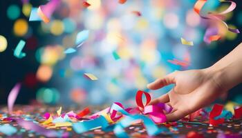 Hand holding confetti and colorful cut paper streamer as party decoration. Generative AI photo