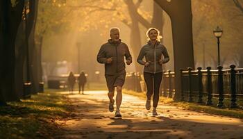 Old couple running in park in the morning together. Generative AI photo