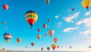 Colorful hot air balloons in the clear sky. Generative AI photo