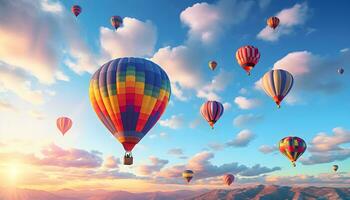 Colorful hot air balloons in the clear sky. Generative AI photo
