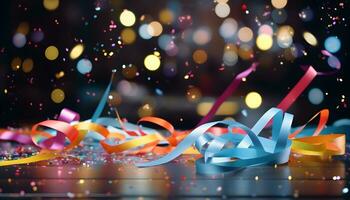 confetti and colorful cut paper streamer as party decoration. Generative AI photo