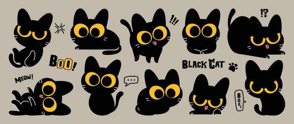 Happy Halloween day lovey pet vector. Cute collection of cats with different poses, sitting, stand, angry, surprising. Adorable animal characters in autumn festival for decoration, prints, cover.