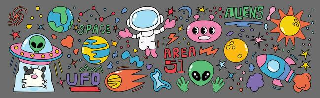 Set of 70s groovy element vector. Collection of cartoon character, doodle smile face, UFO, UAP, alien, spaceship, rocket, saturn, cow. Cute retro groovy hippie design for decorative, sticker, kids. vector