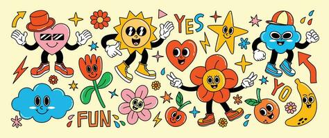 conjunto de 70s maravilloso elemento vector. colección de dibujos animados caracteres, garabatear sonrisa rostro, corazón, sol, flor, nube, banana, cereza. linda retro maravilloso hippie diseño para decorativo, pegatina, niños. vector