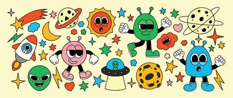 Set of 70s groovy element vector. Collection of cartoon characters, doodle smile face, UFO, UAP, rocket, sun, alien, galaxy, spaceship. Cute retro groovy hippie design for decorative, sticker, kids. vector