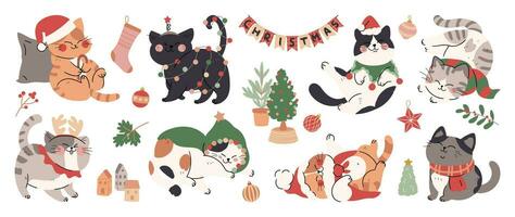 alegre Navidad y contento nuevo año concepto antecedentes vector. colección dibujo de linda gatos con decorativo bufanda, cinta, sombrero. diseño adecuado para bandera, invitación, tarjeta, saludo, bandera, cubrir. vector