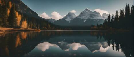 Mountain panorama of a beautiful alpine autumn view with reflections in a lake. Mountains And Glowing Forest AI-Generated photo