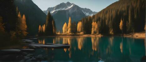 montaña panorama de un hermosa alpino otoño ver con reflexiones en un lago. montañas y brillante bosque generado por ai foto
