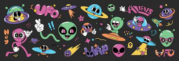 conjunto de 70s maravilloso elemento vector. colección de dibujos animados personaje, garabatear sonrisa rostro, OVNI, uap, extraterrestre, astronave, cohete, Saturno. linda retro maravilloso hippie diseño para decorativo, pegatina, niños. vector