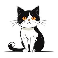 Cute cartoon black and white cat. Vector illustration isolated on white background.