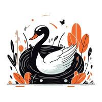 Vector illustration of a swan on a background of autumn leaves.