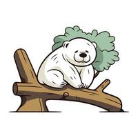 Polar bear sitting on a tree branch. Cartoon vector illustration.